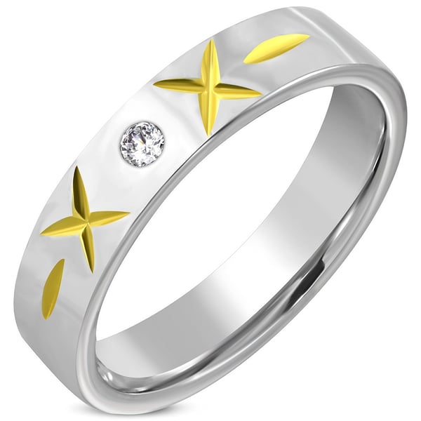 Ring i Kirurgiskt Stål 316L i 2 Toner - Silver med Kryss Mönster i Guld Färg & Klar Cubic Zircon - Stl 17,32 Ring i Kirurgiskt Stål 316L i 2 Toner - Silver med Kryss Mönster i Guld Färg & Klar Cubic Zircon - Stl 17,32