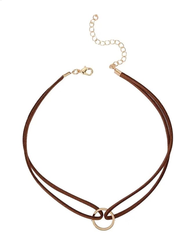 Retro Dubbelt Brunt Choker / Halsband med en Guld Ring / Cirkel
