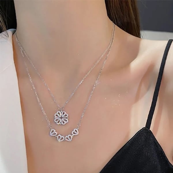 Magnetiskt Silver Halsband i Rostfritt Stål - Fyrklöver / Hjärta med Rhinestones