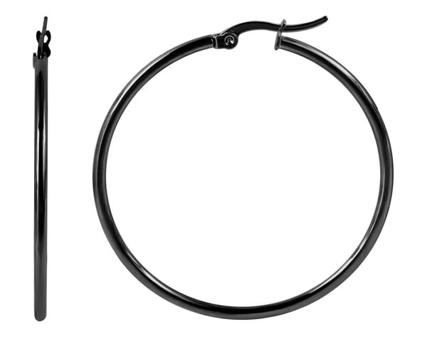 Klassiska Runda Hoop / Creoler Svarta Örhängen i Rostfritt Stål - 4,4 cm