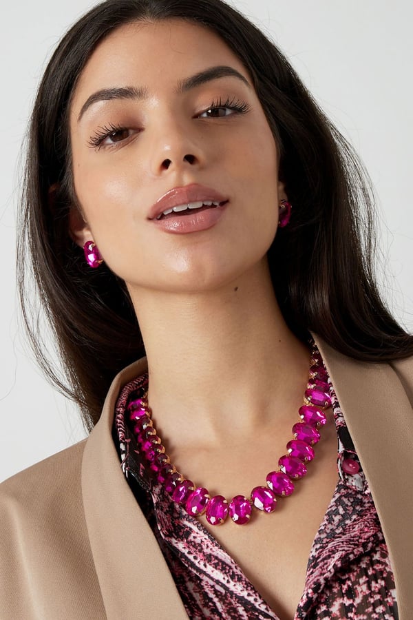 Statement Guldpläterat Halsband med Ovala Glaspärlor - Fuchsia