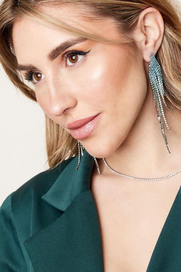 Lyxiga Strass Örhängen med Kedjor -Glittrande Turkos Rhinestones - Guldpläterade
