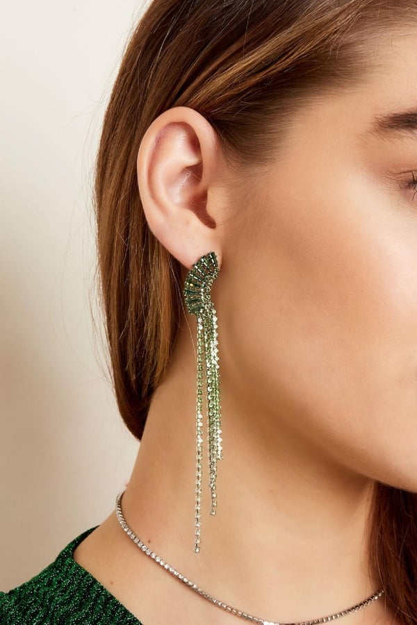 Lyxiga Strass Örhängen med Kedjor - Glittrande Gröna Rhinestones - Guldpläterade