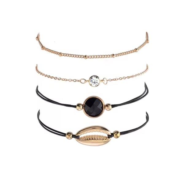 4 st Guld Armband / Fina Kedjor med Svart Tråd, Snäcka, Kulor & Vit Glittrande Rhinestone