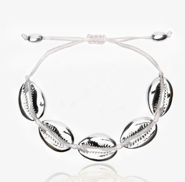 Fotsmycke Fotlänk Vristlänk Fotkedja samt Armband - Silver Snäckor på Vit Tråd