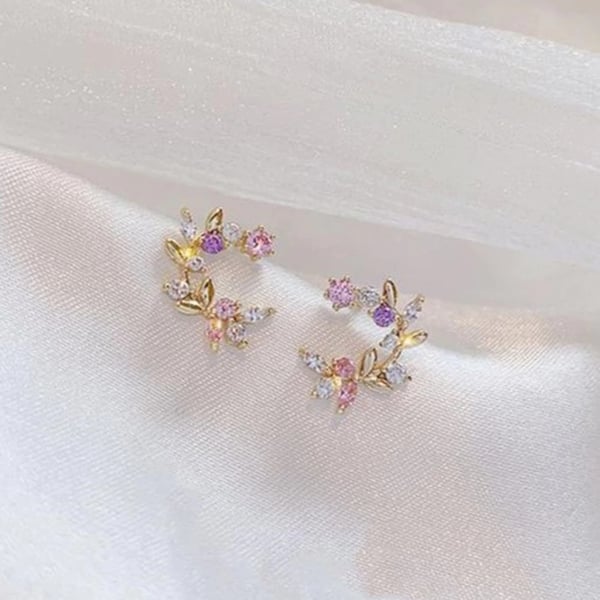 Guld Stud Örhängen - Kransar med Blommor, Löv & Zirkoner i Olika Färger