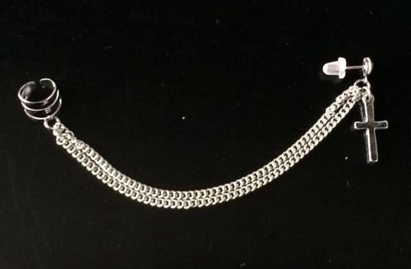 Earcuff Ear Cuff & Örhänge med Dubbla Kedjor & Kors - Silver