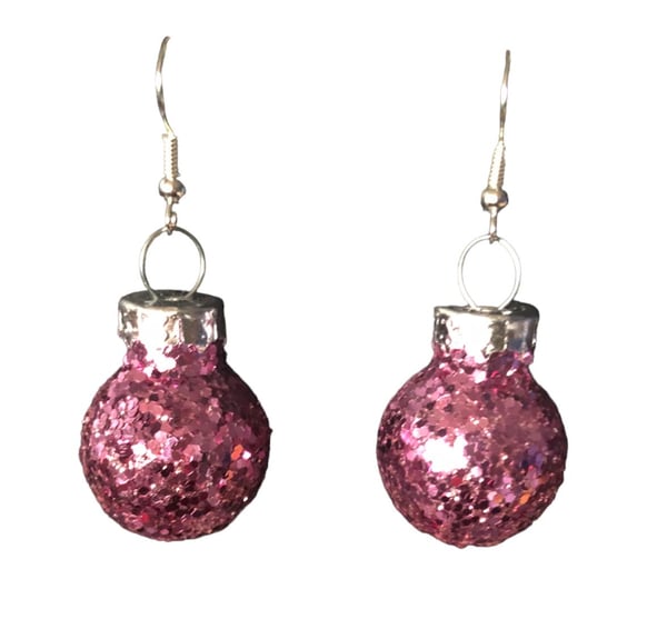 Silver Örhängen till Jul / Christmas - Rosa Glittriga Julkulor