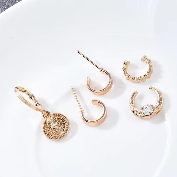 5 st Guld Örhängen - 5i1 set - Ear Cuff & Hoop med Medaljong