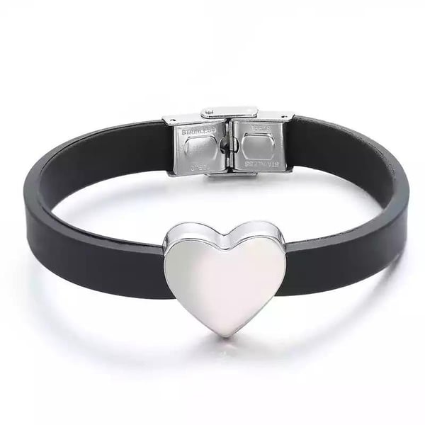 Armband i Svart & Silver - Rostfritt Stål & Läder -Blankt Hjärta