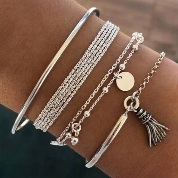 4 st Silver Armband/Bangle med Tvinnade Kedjor, Tofs & Kulor