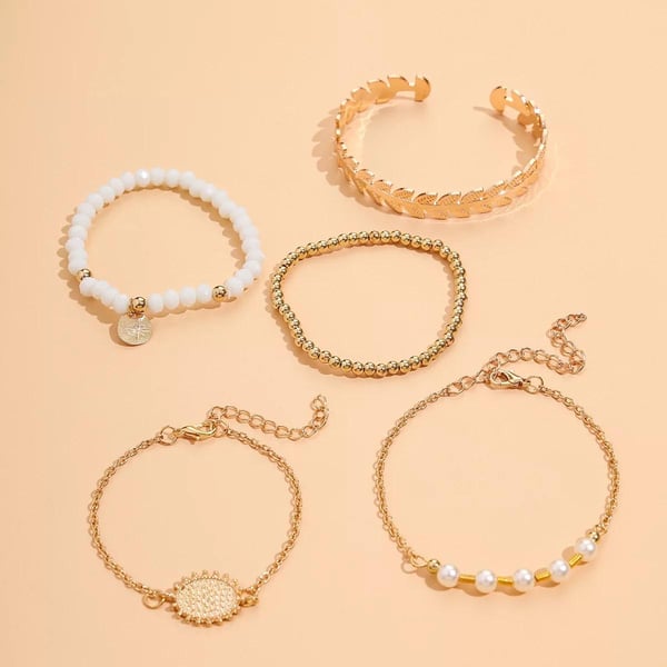 5 st Boho Guld Armband / Bangle med Vita Pärlor, Guldkulor & Löv