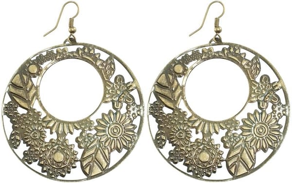 Bohemiska Runda Retro Örhängen i Brons Färg med Blommigt Mönster