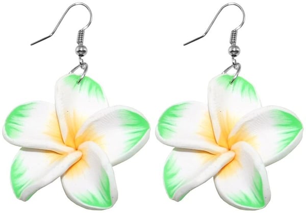 Retro Silver Örhängen - Frangipani Flower / Plumeria Blomma - Grön, Gul & Vit