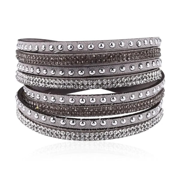 Wrap Läderarmband/Läder Armband med Strass / Rhinestones - Grå