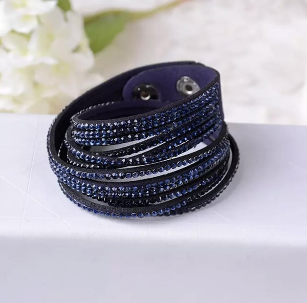 Wrap Läderarmband/Läder Armband med Strass/Rhinestones -Mörk Blå