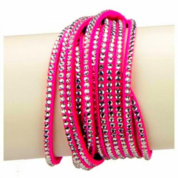 Wrap Läderarmband/Läder Armband med Strass / Rhinestones -Cerise