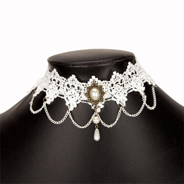 Brett Retro Boho Gothic Choker / Halsband - Vit Spets & Pärlor Brett Retro Boho Gothic Choker / Halsband - Vit Spets & Pärlor