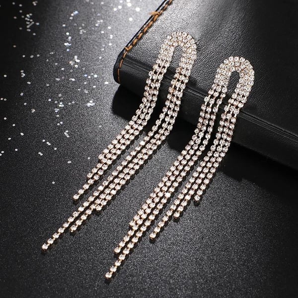 Strass Guld Örhängen med Kedjor - Glittrande Vita Rhinestones
