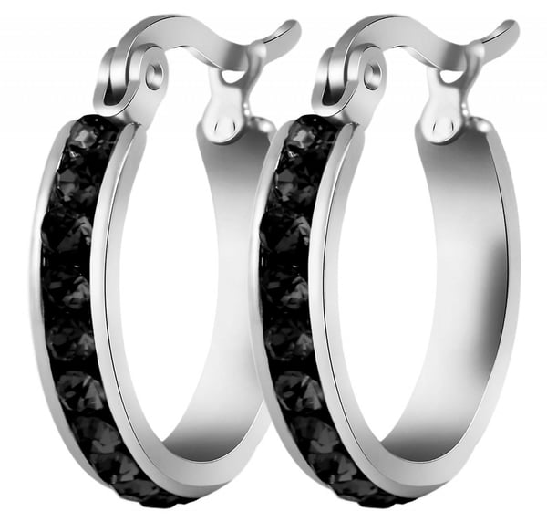 Silver Örhängen - Hoop / Creoler med Svarta Rhinestones / Strass i Rostfritt Stål