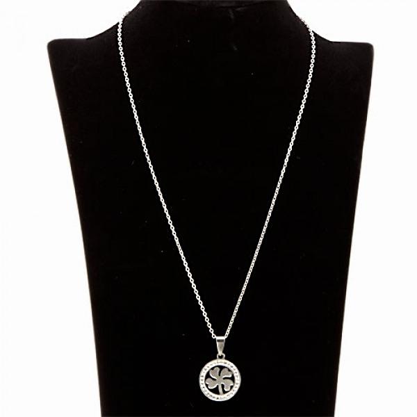 Silver Halsband i Stål - Hänge med Blank Fyrklöver & Rhinestones
