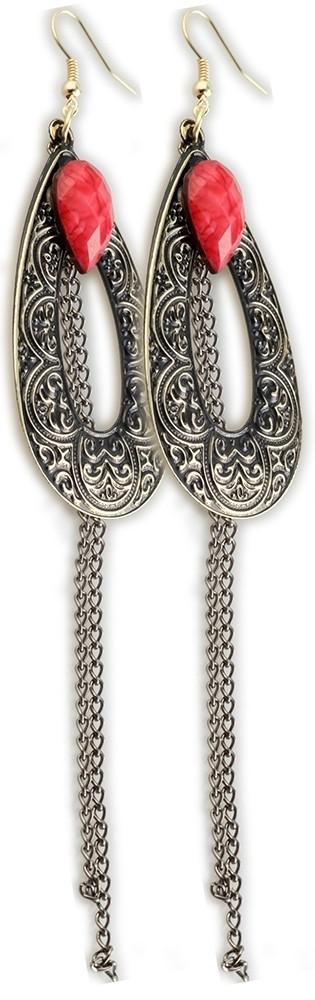 Långa Retro Guld Örhängen - Boho Hängen, Röda Pärlor & Kedjor