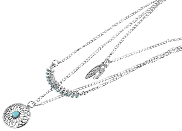 Silver Halsband med 3 Kedjor Fjädrar, Rhinestones & Turkos Pärla