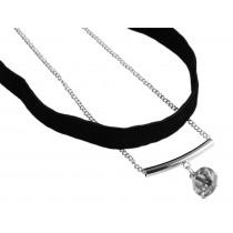 Dubbelt Retro Svart & Silver Choker / Halsband med en Rhinestone