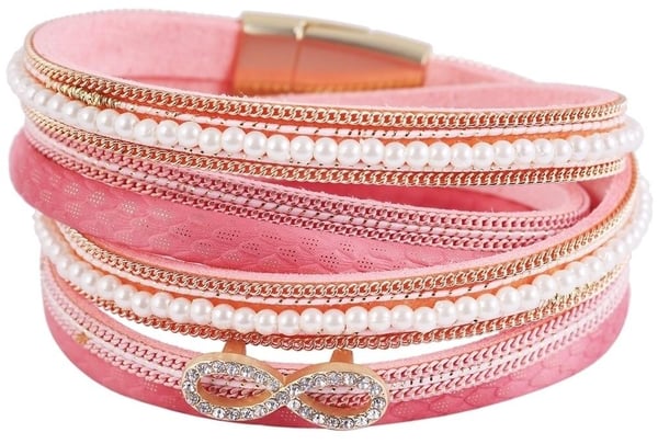 Wrap Läderarmband/Läder Armband med Infinity & Pärlor - Rosa