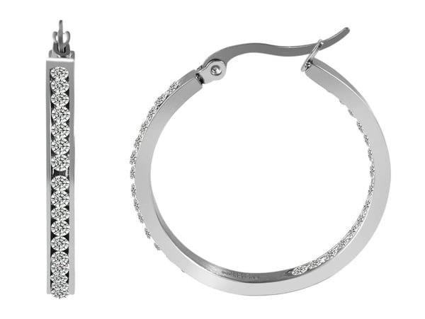 Glittrande Silver Hoop Örhängen / Creoler i Rostfritt Stål med Vita Rhinestones - 3 cm