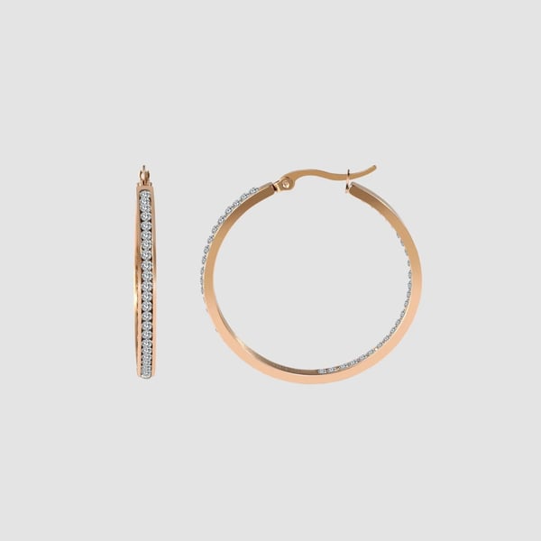 Rosé Guld Hoop / Creoler Örhängen i Rostfritt Stål & Vita Rhinestones - 4 cm