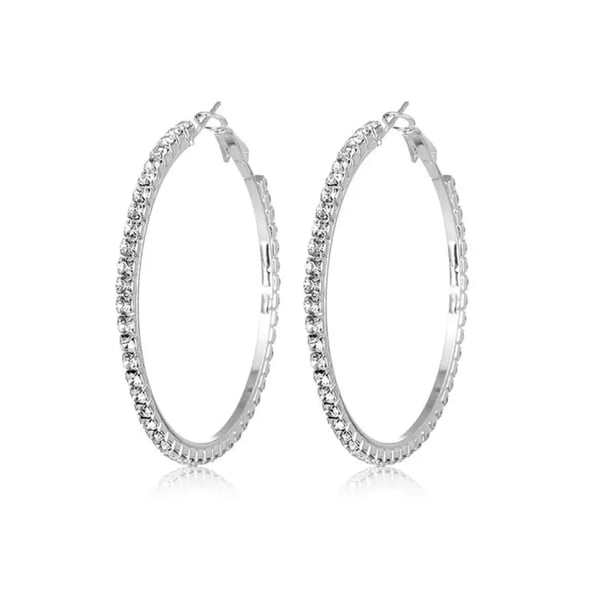 Glittrande Silver Örhängen -Hoop med Vit Strass/Rhinestones 6 cm