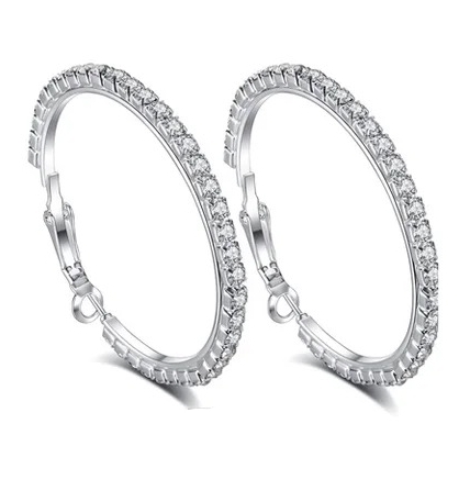 Glittrande Silver Örhängen -Hoop med Vit Strass/Rhinestones 7 cm