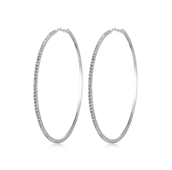 Glittrande Silver Örhängen -Hoop med Vit Strass/Rhinestones 7 cm