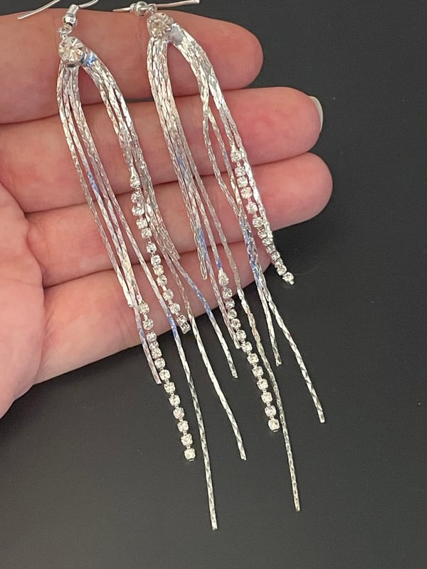 Glittrande Långa Silver Örhängen med Kedjor & Strass/Rhinestones