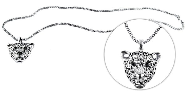 Silver Halsband med Leopard samt Vita & Svarta Strass Stenar