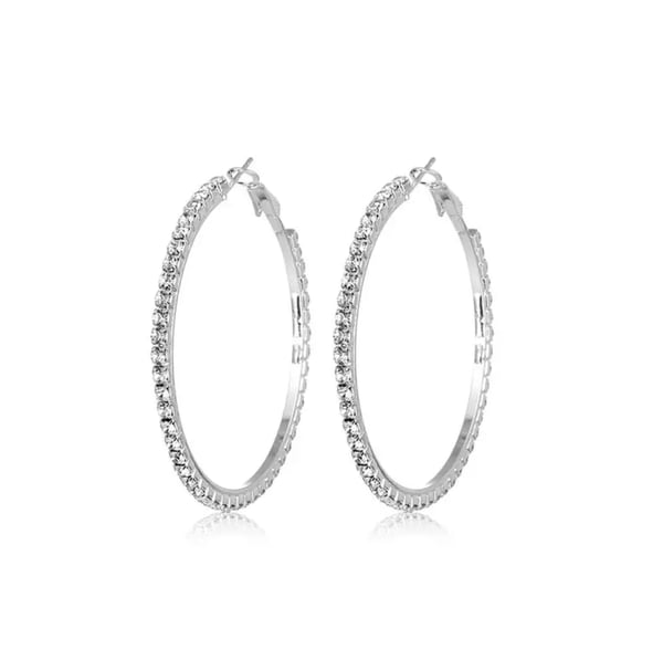 Glittrande Silver Örhängen -Hoop med Vit Strass/Rhinestones 4 cm