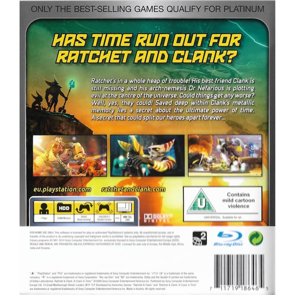 Ratchet & Clank A Crack in Time Playstation 3 PS3 Platinum (Brugt)