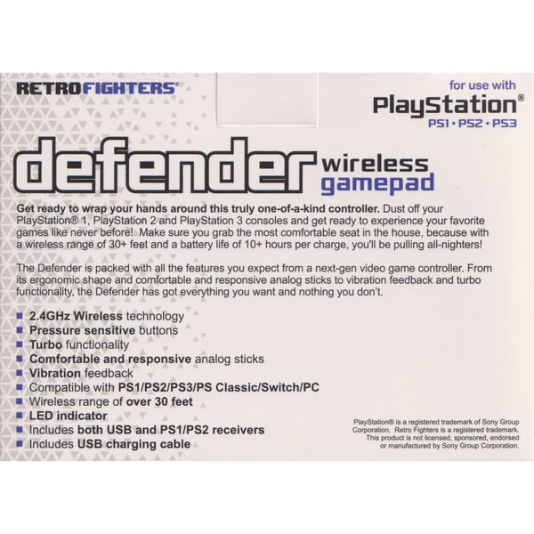 RetroFighters RF Defender Wireless Controller Blue Playstation PS1 / PS2 / PS3