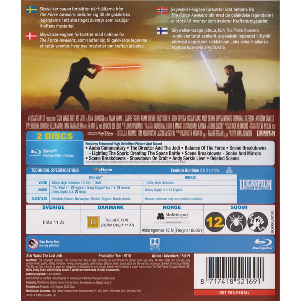 Star Wars The Last Jedi Blu-Ray (Käytetty)