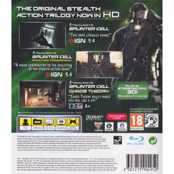 Tom Clancys Splinter Cell Trilogy Playstation 3 PS3 Classics HD (Brugt)