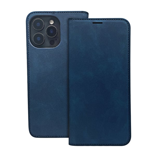 iPhone 16 Pro - Smart Suede -nahkakotelo, lompakkokotelo, laivastonsininen