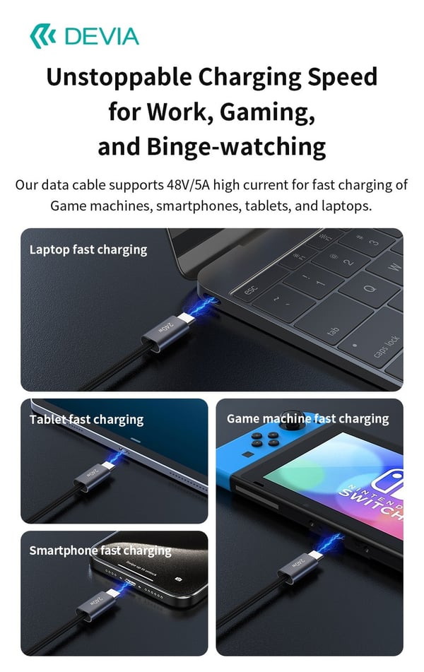 Devia Extreme 240W USB-C–USB-C-pikalatauskaapeli 2m – kannettaville tietokoneille, matkapuhelimille, tableteille ja konsoleille