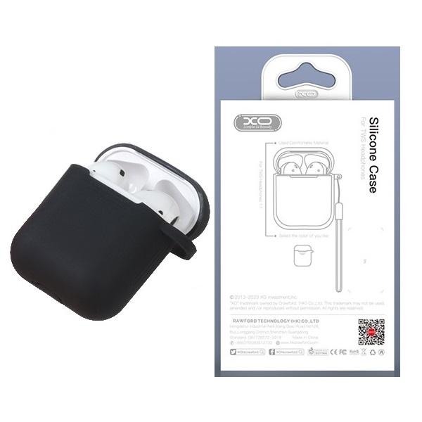 XO-silikonisuojakotelo AirPods 1/2 -latauskotelolle, sisältää katoamisen estävän hihnan, musta