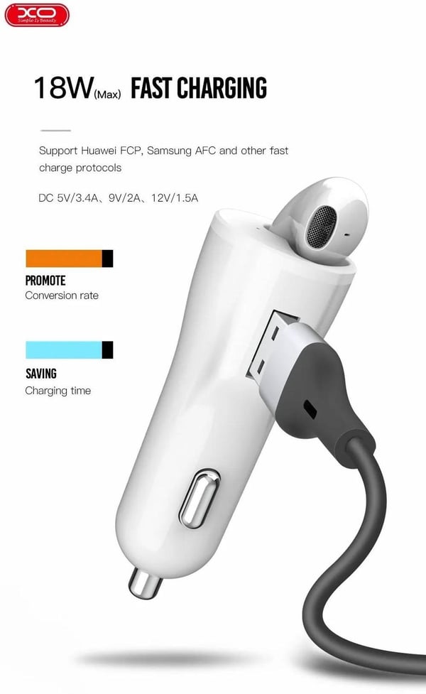 18W nopea autolaturi TWS Bluetooth 5.0 -kuulokkeilla - Valkoinen