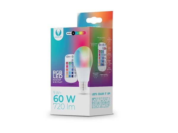 RGB LED E27 -lamppu 9W/60W, 720lm kaukosäätimellä