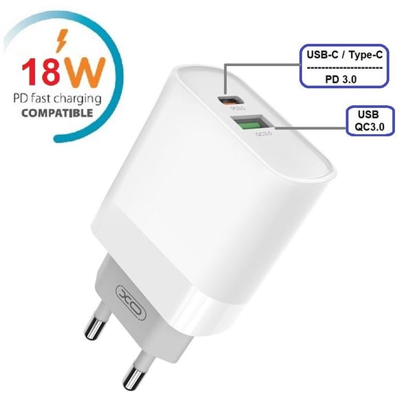 Hurtigoplader til iPhone / Samsung 18W PD USB-C Vægoplader