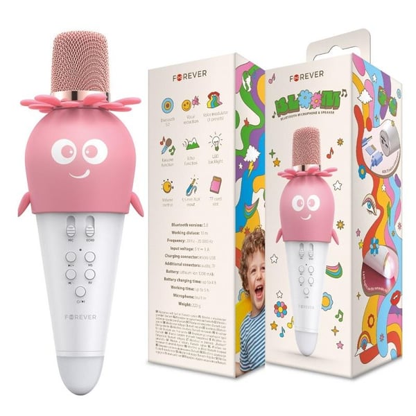 Forever Karaoke Bloom Mikrofon med Bluetooth-højttaler - Rosa