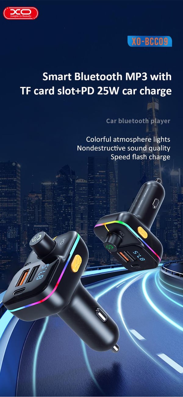 Bluetooth FM Sändare 25W Billaddare med 1 X USBC, 2XUSB-laddning