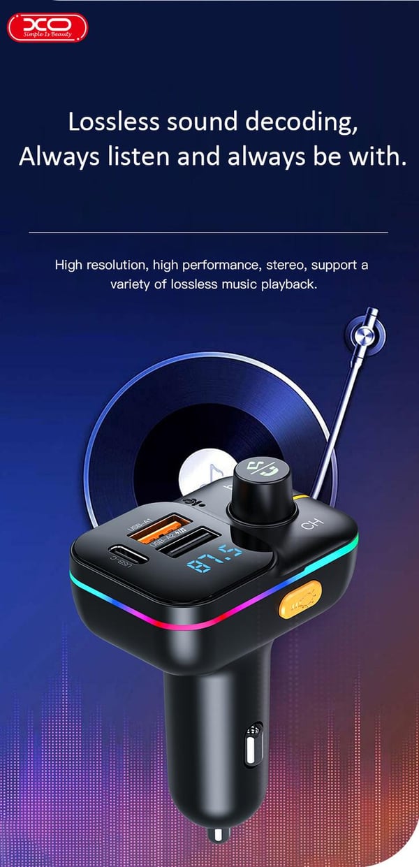 Bluetooth FM Sändare 25W Billaddare med 1 X USBC, 2XUSB-laddning